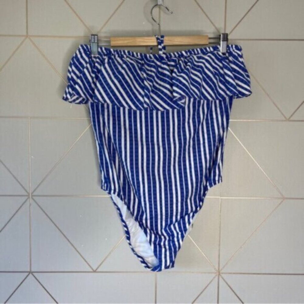 J. Crew Ruffle Bandeau One-Piece Swimsuit Puckered Stripe - Picture 2 of 9